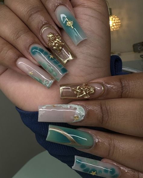 Oldies Nails, Dominican Nails, Nail Ideas Simple, Nail 2024, Boho Nails, Turquoise Nails, Lovely Nails, Colored Acrylic Nails, Girly Acrylic Nails