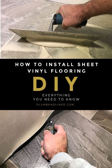 How To Install Vinyl Sheet Flooring, Vinyl Sheet Flooring Bathroom, Vinyl Flooring Diy, Vinyl Roll Flooring, Diy Vinyl Flooring, Roll Vinyl Flooring, Diy Everything, Flooring Diy, Sheet Flooring