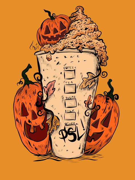 Pumpkin Spice Iphone Wallpaper, Cute Orange Halloween Wallpaper, Pumpkin Spice Wallpaper Iphone, Psl Tattoo, Starbucks Halloween Board, Pumpkin Spice Drawing, Autumn Drawing Pencil, Pumpkin Spice Latte Drawing, Pumpkin Spice Latte Wallpaper