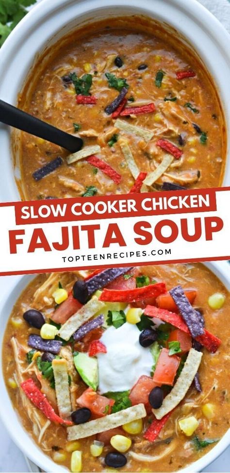 Slow Cooker Chicken Fajita Soup is an easy dump-and-go recipe! A creamy soup loaded with shredded chicken, black beans, corn, salsa, cheese, and spices. Oh and don’t forget the toppings! Tortilla strips, sour cream, avocado, tomatoes, and cilantro are great topping options. Crockpot chicken fajita soup makes an easy and flavorful soup recipe perfect for any day of the week. Fajita Soup Recipe, Chicken Soup Crockpot, Fajita Soup, Chicken Black Beans, Chicken Tortilla Soup Crock Pot, Chicken Tortilla Soup Easy, Gourmet Soup, Chicken Fajita Soup, Black Beans Corn