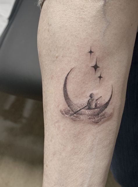 The moon boat Inspired tattoo by Faisal Al-lami @tattoo.sal ——- For booking and info Tattoo.sal.Inquiries@gmail.com ——- #dallastattooartist #microtattoo #moontattoo #art #drawing #smalltattoo #moon #startstattoo #sleevetattoo #blackandgreytattoo #deepellum #deepellumtattoo #dfwtattoos #dallas #texas #texasgirls #realismtattoo #microtattoos Moon With Water Tattoo, Skeleton On Moon Tattoo, Reaching For The Moon Tattoo, Hung The Moon Tattoo, Moon Boat Tattoo, Man In The Moon Tattoo Designs, Moon River Tattoo Ideas, Moon And Tides Tattoo, Moon Reflection Tattoo