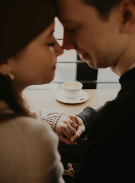 Couple Photos In Coffee Shop, Coffee Date Photography, Coffee Shop Prenup, Coffee Couple Photography, Couple In Cafe Aesthetic, Engagement Photos Coffee Shop, Coffee Shop Couple Photoshoot, Cafe Engagement Photos, Coffee Shop Engagement Photos