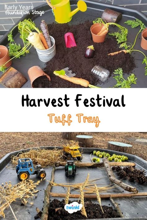 Explore harvest festival with these lovely activity tray ideas. Click on the pin for plenty more! Harvest Festival Activities For Preschool, Autumn Construction Eyfs, Harvest Early Years, Early Years Harvest Activities, Harvest Festival Tuff Tray, Thanksgiving Eyfs Activities, Harvest Festival Preschool Activities, Outdoor Tuff Tray Ideas Eyfs Autumn, Harvest Provocations