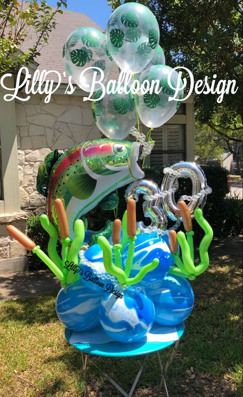 Fish Balloon Bouquet, Fishing Balloon Bouquet, Fishing Balloon Garland, Gone Fishing Balloon Arch, Fish Balloon Arch, Fish Balloons, Fishing Balloon Arch, Fishing Centerpieces Ideas, Fish Centerpiece