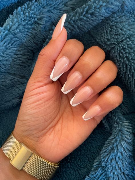 Deep French Coffin, French Tips With Coffin Shape, Square V French Tip Nails, Blue V Shape French Tip Nails, White V French Tip Nails Square, French V Manicure, Short Coffin V French Tip Nails, Chevron French Tip Nails Coffin, French Triangle Tip Nails