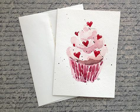 Milk Glass Display, Valentines Cupcake, Watercolor Cupcake, Ideas Cupcakes, Valentines Day Drawing, Valentines Watercolor, Cupcake Card, Watercolor Birthday Cards, Birthday Card Drawing