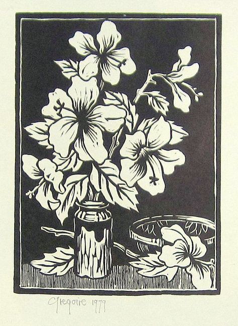 Hibiscus Linocut, Linocut Prints Simple, Woodcut Art, Linocut Printmaking, Lino Art, Hibiscus Print, Black And White Art Drawing, Linocut Art, Printmaking Art