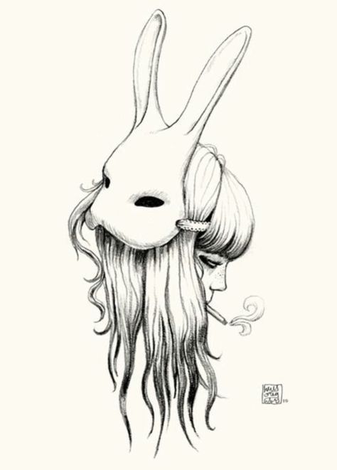 Girl with bunny mask tattoo Images Pop Art, Bunny Mask, Desenho Tattoo, A Bunny, A Drawing, Body Art Tattoos, Drawing Inspiration, Dark Art, Drawing Sketches