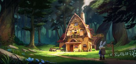 ArtStation - Cabin in the woods, Juliana Braga Cabin In The Woods Concept Art, House In The Woods Illustration, Fantasy House In The Woods, Forest Cottage Drawing, Fantasy Cabin In The Woods, House In The Woods Drawing, House In The Woods Art, Cabin Concept Art, Forest Concept Art