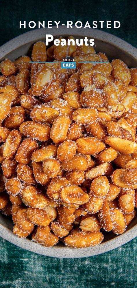 Crunchy, roasted peanuts coated in a honey butter glaze and finished with a light dusting of sugar and salt. #Snacks #EasyRecipes #SeriousEats Salted Roasted Peanuts Recipe, Salt Snacks, Honey Butter Glaze, Honey Roasted Peanuts, Butter Glaze, Homemade Pantry, Peanut Recipes, Butter Toffee, Nut Recipes