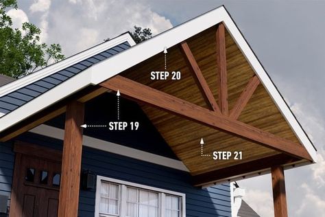 How to Add a Covered Entryway to Your Home (DIY) | Family Handyman Covered Front Entry, Extended Roof Overhang Front Porches, Porch Peak Ideas, Add Portico To Front Door, Front Porch With Beams, Diy Portico Entry, Front Gable Porch Entrance, Covered Entryway Exterior, Porch Overhang Ideas