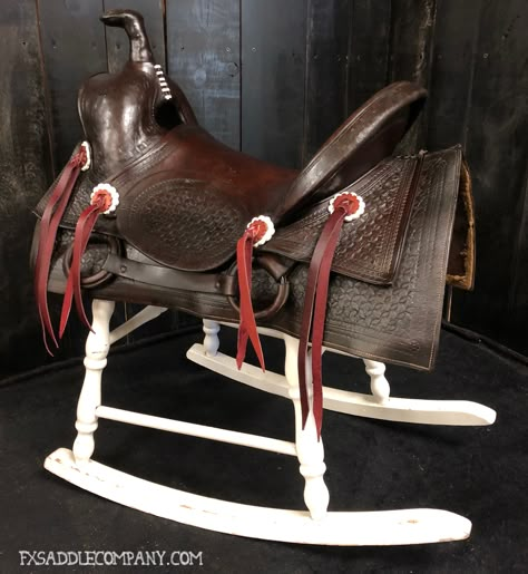 Beautiful old antique square skirt saddle that has been repurposed into a useful rocker! Many of these old saddles are beyond repair or don't fit today's wide horses....so they waste away in our barns and attics. This saddle has been given new life and just might become the favorite seat in your house! Old Saddles Decor Ideas, Old Saddle Ideas, Repurpose Old Saddles, Display Saddle In House, Saddle Repurpose Ideas, Old Saddle Repurpose, Old Saddle Decor Ideas, Repurposed Saddle, Saddle Decor