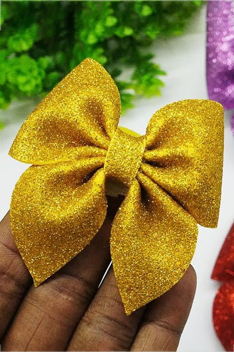 Glitter Foam Paper Bow making tutorial - Eva Foam paper Sheet - Foam paper Hair Bow - paper Bow Crafts - Handmade Hair Accessories - How to make Bows making - paper Craft. #Bow #Handmade #Hair Glitter Foam Sheet Crafts, Bow Making Tutorials, Foam Paper, Make Bows, Foam Sheet Crafts, Paper Bow, Yellow Glitter, Diy Bows, Golden Glitter