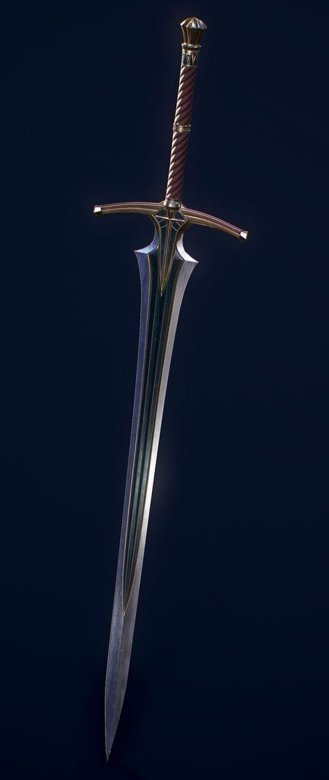 Caladbolg ("hard cleft", the name appears in the plural as a generic word for "great swords"), sometimes written Caladcholg ("hard blade"), is the sword of Fergus mac Róich from the Ulster Cycle of irish mythology. It is also associated with the more obscure Ulster hero Fergus mac Léti, suggesting a conflation of two legends. It was said to be a two-handed sword that made a circle like an arc of rainbow when swung, and to have the power to slice the tops off hills and slaughter an entire army. Swords Fantasy Two Handed, Long Swords Fantasy, Fantasy Swords Illustration, Greatsword Design, Magic Greatsword, Greatsword Art, Leonin Fighter, Rune Knight, Fantasy Swords