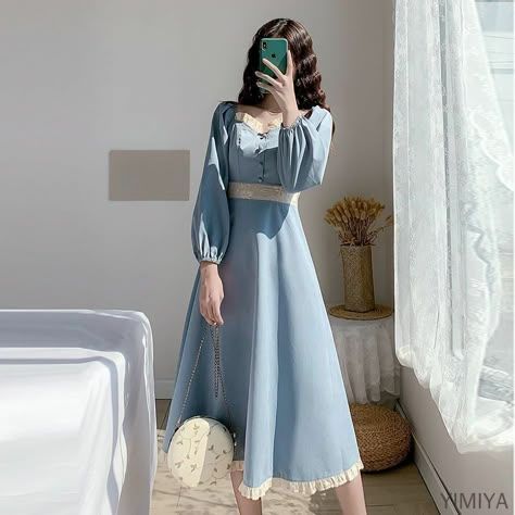 Korean Dress Design, Korean Fashion Dress Elegant, French Romance, Dress Korea, Fashion French, Modesty Fashion, Korean Fashion Dress, Women Long Sleeve Dress, Korean Dress