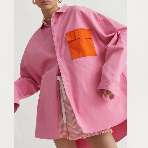 Oversized Shirt Outfits Women, Oversized Sleeves, Oversized Shirt For Women, Outfits With Pink Top, Oversized Shirt Design, Oversized Shirt Women, Woman Shirt, Colorblock Shirt, Shirt Oversize