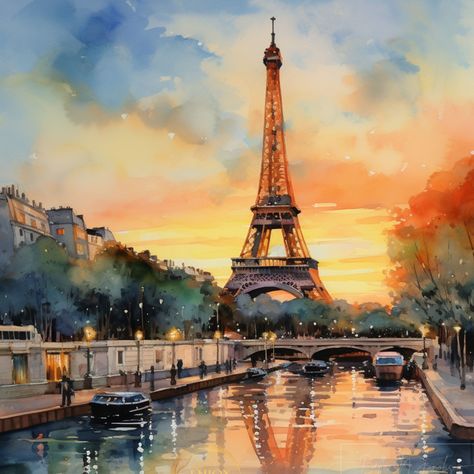 Eiffel Tower Sunset Painting, Cityscape Watercolor Painting, Paris Watercolor Painting, City Watercolor Painting, Paris Art Painting, Eiffel Tower Painting, Art Parisien, Eiffel Tower Art, River Sunset