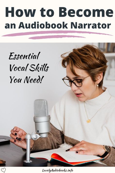 Are you wondering how to become an audiobook narrator? Sadly, it’s not enough to have a good microphone and a love for telling stories (although that’s a start). It's a great work-from-home job for book lovers but needs essential skills. Reading entire books out loud requires vocal skills, both in regard to bringing the protagonists to life, but also to managing the extremely taxing task of reading out loud for hours on end. Read this post to learn the skills needed for this remote job. Audiobook Voice Actor, Audio Book Reading Jobs, Audiobook Narrator Aesthetic, Audiobook Narrator Jobs, How To Become An Audio Book Narrator, Voice Over Jobs For Beginners, Book Narrator, Audiobook Recording, Audiobook Narrator