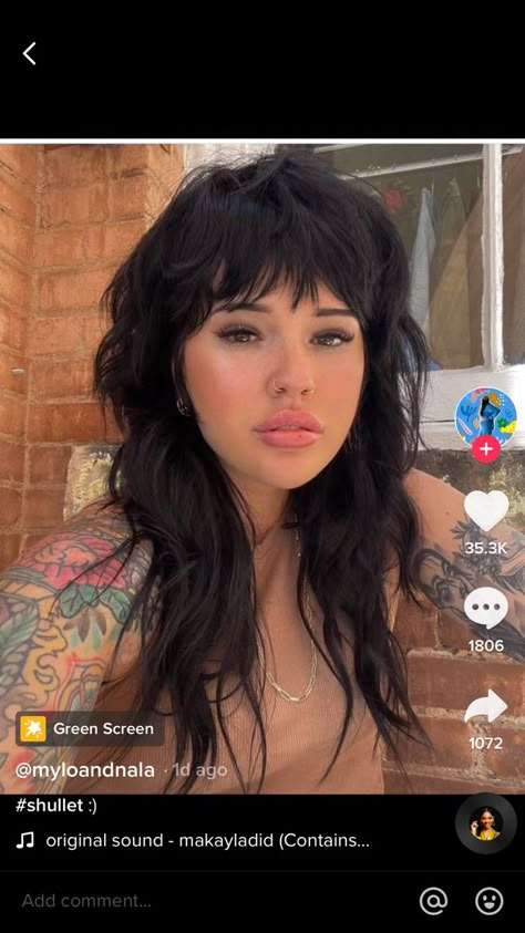 Really Short Layers On Long Hair, Modern Day Mullet For Women, Fashion Mullet Women Long, 2 Halves Of A Whole Tattoo, Long Mullets Woman, Womans Mullets Long, 2023 Edgy Hair, Black Shag With Bangs, Long Grunge Hairstyles With Bangs