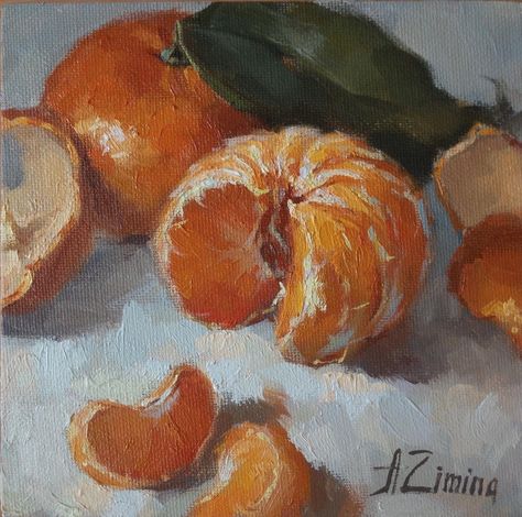 Small tangerine painting Painting For Kitchen, Fruit Oil Painting, Simple Oil Painting, Oil Painting Still Life, Oil Painting Inspiration, Still Life Fruit, Food Painting, Fruit Painting, Painting Still Life