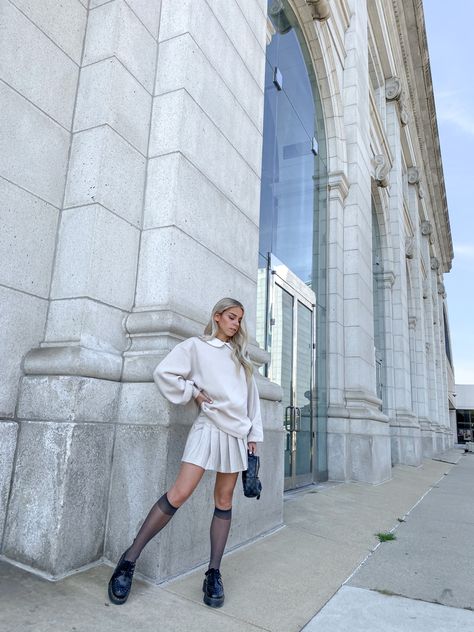 Summer, Photoshoot, Instagram, Aesthetic, Streetstyle , Casual, Outfit Inspiration, Spring, High Socks, Mesh Socks, Docs, Doc Maertens, Pleated Skirt, Collared Shirt Calf Socks Outfit, Mesh Socks Outfit, Mesh Outfits, Socks Heels, Mesh Outfit, Socks Outfit, Mesh Socks, Sock Outfits, Casual Outfit Inspiration