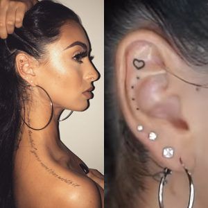 Tattoo In Ear, Celebrities With Tattoos, 3 Dot Tattoo, Upper Shoulder Tattoo, Inner Ear Tattoo, Love Heart Tattoo, Behind Ear Tattoos, Red Heart Tattoos, Tiny Heart Tattoos