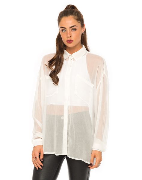 Buy Motel Layla Oversized Sheer Shirt in White at Motel Rocks - Motel Rocks Oversized Blouse Outfit, Sheer White Shirt, Oversized Outfits, Baggy Outfits, Oversize Outfit, Oversized Clothing, White Shirt Outfits, Oversized Clothes, 30 Outfits