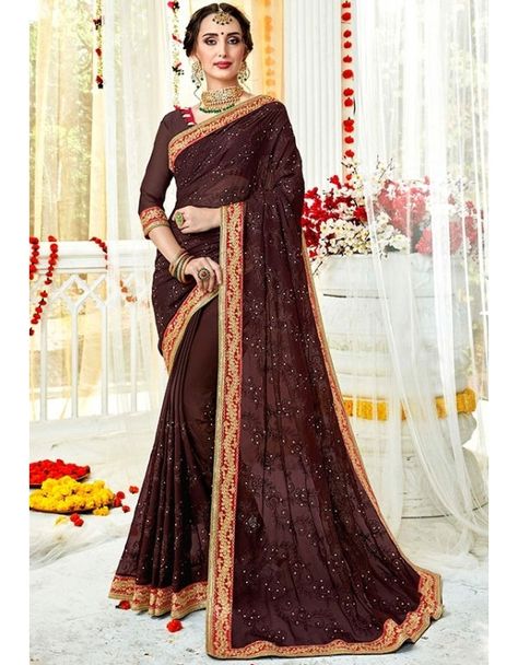 Coffee Brown Embroidered Georgette Saree Formal Embroidered Unstitched Saree, Traditional Unstitched Embroidered Saree, Embroidered Semi-stitched Saree, Resham Embroidered Saree, Ceremonial Semi-stitched Resham Embroidered Saree, Coffee Brown Color, Indian Sarees Online, Embroidered Saree, Art Silk Sarees