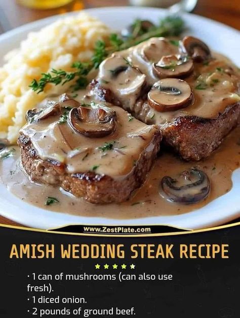 Jemaima Carlos Wedding Steak, Amish Wedding, Deer Recipes, Swiss Steak, Beef Patties, Mediterranean Kitchen, Mushroom Gravy, Beef Patty, Tender Beef