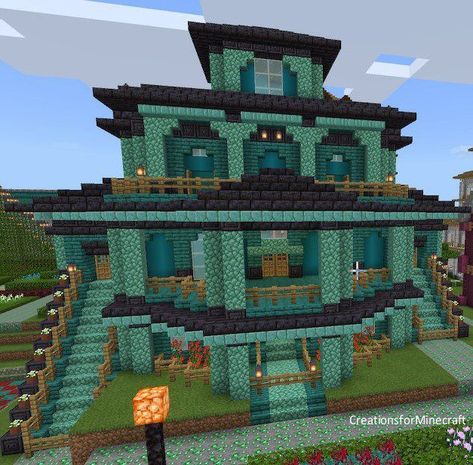 Minecraft Houses Warped Wood, Minecraft Warped Wood House, Concrete Minecraft Houses, Warped Minecraft House, Prismarine House Minecraft, Warped Wood Minecraft, Minecraft Concrete House, Warped Wood House Minecraft, Minecraft Warped Wood Builds