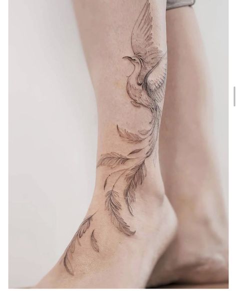 Delicate Tattoo Ideas, Leg Tattoo Designs, Calf Tattoos For Women, Leg Band Tattoos, Small Phoenix Tattoos, Best Leg Tattoos, Ankle Tattoos For Women, Phoenix Tattoo Design, Anklet Tattoos