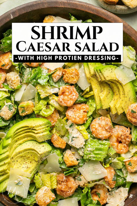 a close up photo of easy shrimp caesar salad with avocado, croutons and shrimp Healthy Ceaser Salad Recipes, Shrimp Caesar Salad Recipes, Shrimp Caesar Salad, Caesar Salad With Shrimp, Easy Ceasar Salad, Shrimp Ceasar Salad, Shrimp Ceased Salad, Grilled Shrimp Caesar Salad, Salad Diet