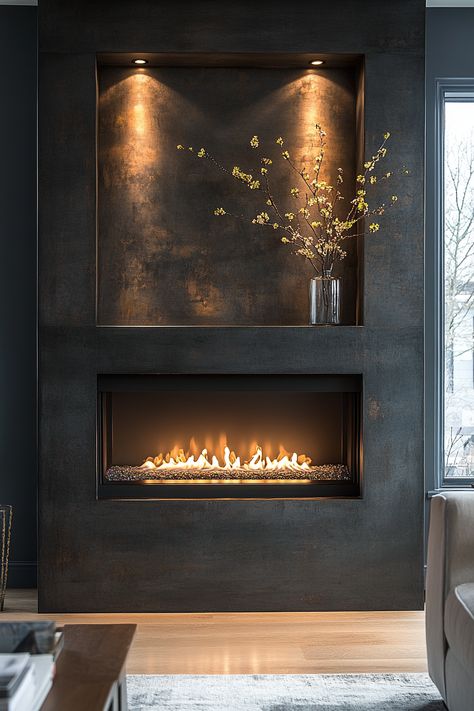 black fireplace mantel Modern Glam Fireplace, Black Large Format Tile Fireplace, Black Brick Electric Fireplace, Matte Black Fireplace Wall, Fireplace Tv Wall Tile Ideas, Steel Fireplace Wall, Fire Mantle Ideas, Plants Near Fireplace, Modern Black Fireplace Wall