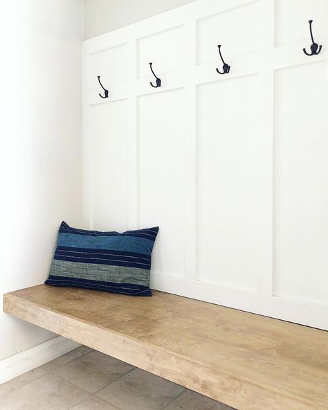 Angela Rose | DIY and Design on Instagram: “FAVORITE DIY ALERT: This floating bench has won so many awards in my head...”practicality” for allowing me to shove shoes and laundry…” Floating Bench, Cabin Build, Batten Wall, Entry Closet, Mud Room Entry, Mudroom Entryway, Boot Storage, Mudroom Decor, Diy Mudroom Bench