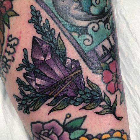 American Traditional Crystal Tattoo, Sage Tattoos, Amethyst Tattoo, Sage Tattoo, Crystal Tattoos, Traditional Tattoo Inspiration, Crystal Tattoo, Lavender Tattoo, Traditional Style Tattoo