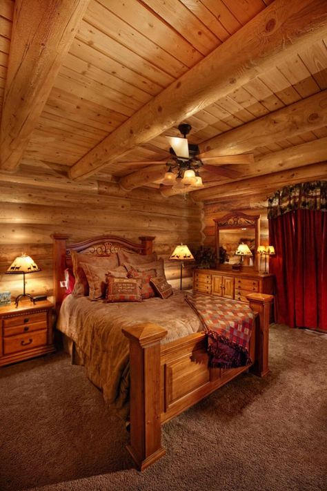 Interiors | Yellowstone Log Homes Log Cabin Bedroom Ideas, Log Cabin Bedrooms, Log Home Bedroom, Log Cabin Bedroom, Cabin Bedroom Decor, Cabin Homes Interior, Log Home Interior, Log Cabin Furniture, Log Cabin Interior