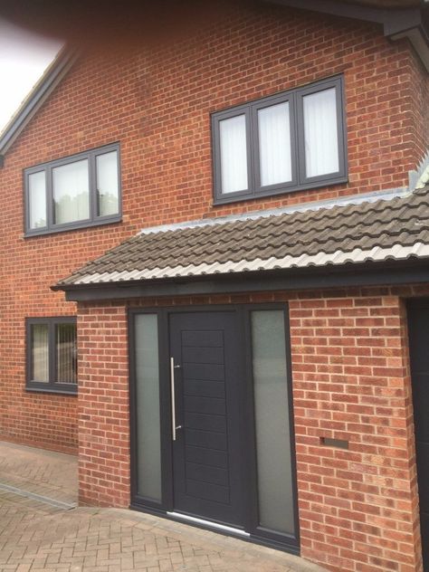 Brick House Grey Windows, Grey Windows Exterior, Anthracite Windows, Anthracite Grey Windows, Grey Window Frames, Grey Brick Houses, House Fixtures, Porch Extension, Dream House Aesthetic