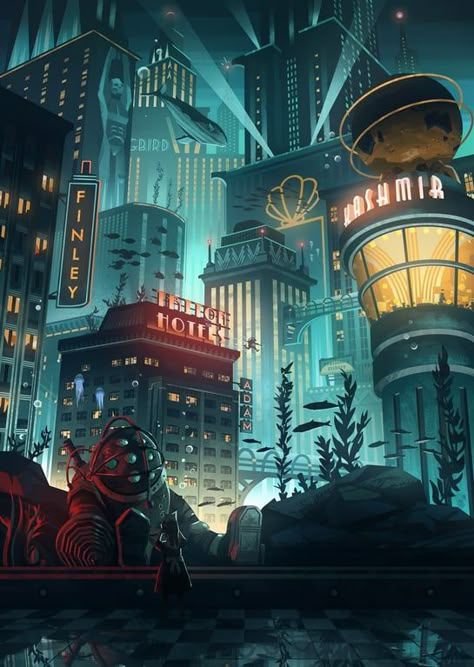 Bioshock Wallpaper, Bioshock Tattoo, Bioshock Artwork, Dieselpunk Art, Bioshock Rapture, Art Deco City, Bioshock Game, Bioshock Art, Underwater City