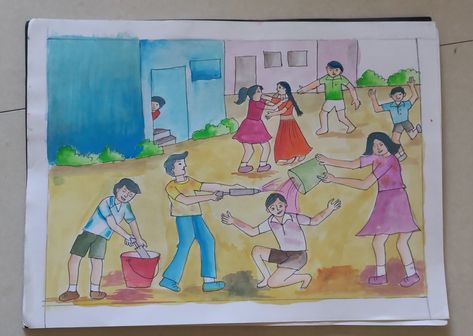 Holi Festival Memory Drawing, Holi Festival Drawing Sketch, Festival Memory Drawing, Holi Festival Drawing, Holi Drawing, Cartoon Jungle, Festival Drawing, Memory Drawing, Composition Drawing