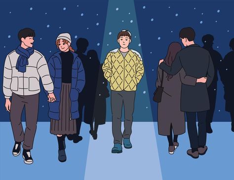 A man walking alone in a snowy night among couples. hand drawn style vector design illustrations. Couple Walking Illustration, Snowy Night, Night Illustration, Couple Hands, Design Illustrations, Walking Alone, Pirates Of The Caribbean, Vector Design, Vector Art