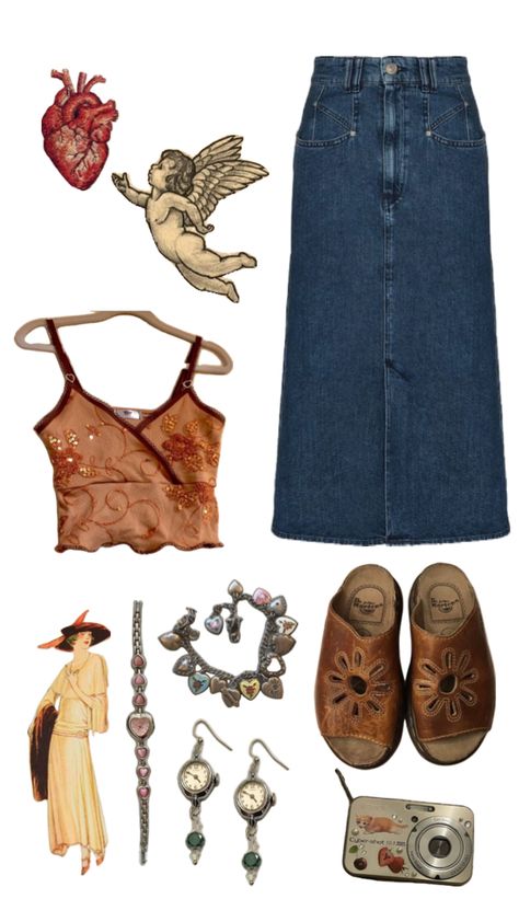 aesthetic outfit long skirt vintage second hand thrifted digicam top watch old flower sandals earrings Thrift Style Outfits, Outfit Long Skirt, 13 Outfits, Long Skirt Vintage, Sidewalk Sale, Watch Old, Downtown Outfits, Thrift Haul, Flower Sandals