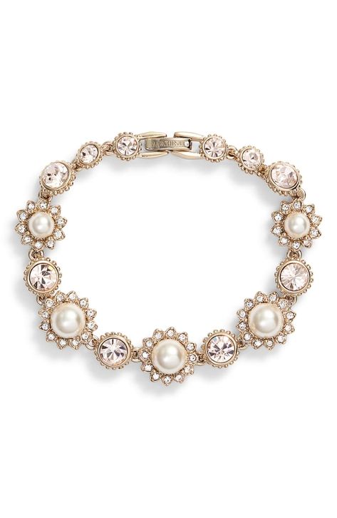 Free shipping and returns on Marchesa Imitation Pearl Line Bracelet at Nordstrom.com. Instant glamour is yours in this showy line bracelet that features starburst-framed imitation pearls and twinkling crystals. Filigree Bangle, Shoulder Necklace, Pearls Jewelry, Cream Silk, Marchesa, Pearl Size, Bridal Accessories, Pearl Jewelry, Womens Jewelry Bracelets