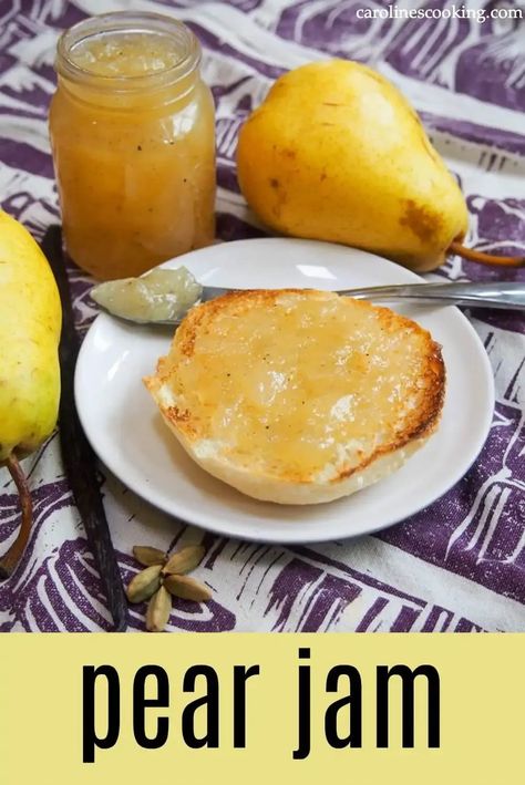 This pear jam is flavored with a hint of vanilla and cardamom that add a hint of warmth but let the pear flavors shine. Easy and delicious! #pear #jam Easy Pear Jam, Asian Pear Jam, Asian Pear Jam Recipe, Pear Jelly Recipes, Pear Jam Recipe, Asian Pear Recipes, Pear Recipes Easy, Asian Pears, Pear Sauce