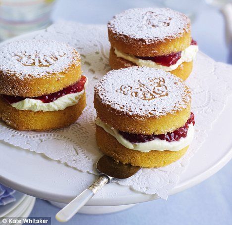 Recipe: Mini Victoria sponge cakes | Daily Mail Online Mini Victoria Sponge Cakes, Mini Victoria Sponge, British Cake, High Tea Food, Christmas Tea Party, Sponge Cakes, Victoria Sponge Cake, Afternoon Tea Recipes, Tea Party Food