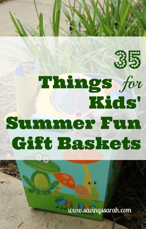 Summer, summer, summer!  Surprise summer dreaming kiddos with a  fun gift basket made up from among the 35 items found here. Delighted looks will follow. Summer Gift Baskets, Boyfriend Gift Basket, Kids Gift Baskets, Kids Baskets, Things For Kids, Summer Fun For Kids, Summer Gifts, Summertime Fun, Summer Activities For Kids