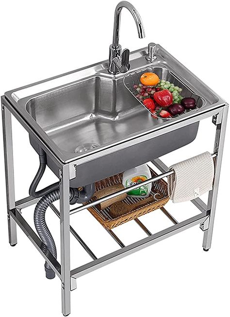 Stainless Steel Utility Sink Single Bowl Commercial Restaurant Kitchen Sink with Storage Shelve Laundry tub & Hot and Cold Faucet Free Standing Sink for Laundry Backyard Garage(28x18.5x29.5in) Laundry Backyard, Kitchen Flow, Sink Outdoor, Aril Tatum, Kitchen Multifunctional, Restaurant Sink, Stainless Steel Utility Sink, Camping Sink, Outdoor Sink