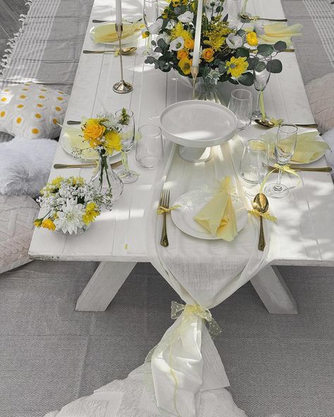 A yellow picnic table is all about embracing positivity and new beginnings. 🌼💛🥂 👉DM us for booking and inquiries. Let’s make your party vision a reality! #cuddlesandcandles_ #cuddlesandcandlesevents #cuddlesandcandles #picnic #bridetobe #bridalshower #bride #picnicparty #picnictable #wedding #party #partydecor Yellow Picnic, Sand Candles, Picnic Inspiration, Picnic Party, Picnic Table, New Beginnings, Bridal Shower, Party Decorations, Candles