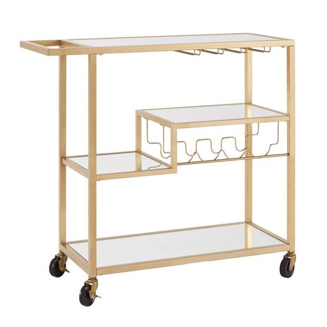 Show off your bold modern style at your next dinner party with the Estelle Step Tier Metal and Glass Bar Cart from Inspire Q. Perfect for every occasion, this cart is both fashionable and functional. All your hosting essentials can be kept in one place, thanks to wine racks, stemware racks, and four ample shelves. Caster wheels make mobility a breeze, allowing you to entertain in every room of your home. This classy bar cart has multiple striking finish options on the sturdy metal frame to choos Classy Bar Cart, Metal Bar Cart, Gold Bar Cart, Glass Bar Cart, Bar In Casa, College House, Glass Bar, Inspire Me Home Decor, Mirror With Shelf