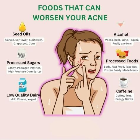 Food that can worsen your acne #skin #skincare #food #acne#pimple Food Acne, Skincare Food, Pimples On Face, Processed Sugar, High Fructose Corn Syrup, Skin Skincare, Acne Skin, Processed Food, Corn Syrup