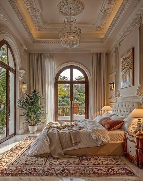 Aesthetic Old Money Bedroom, Classic House Design Interior Bedroom, Rich Houses Interior Bedrooms, Old Money Modern Bedroom, Nice Bedroom Aesthetic, Italian Interior Design Bedroom, Old Money Master Room, Country Side House Interior, Modern French Country Interior